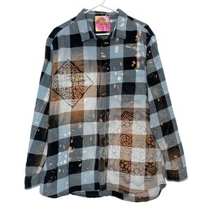 Handmade Floral Flannel Shirt Mens Size XL Unisex Bleached Plaid Button Down